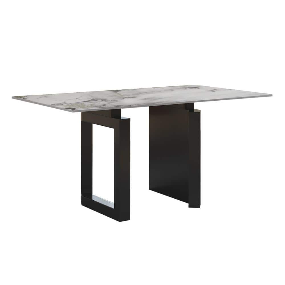 Modern Rectangle White Ice Crystal Jade Stone Top 62.99 in Black Titanium...