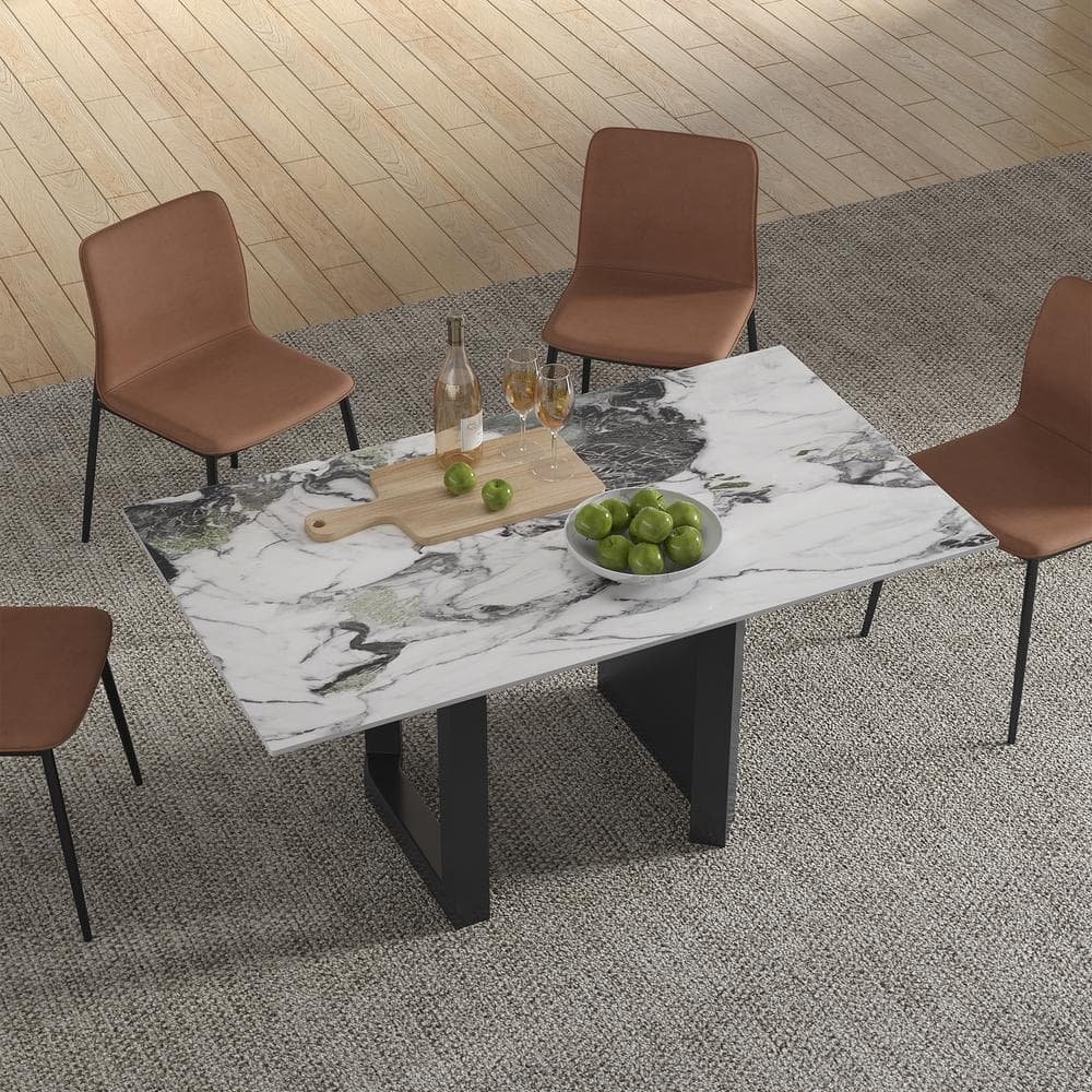 Modern Rectangle White Ice Crystal Jade Ston Top 55.12 in. Black Titanium...