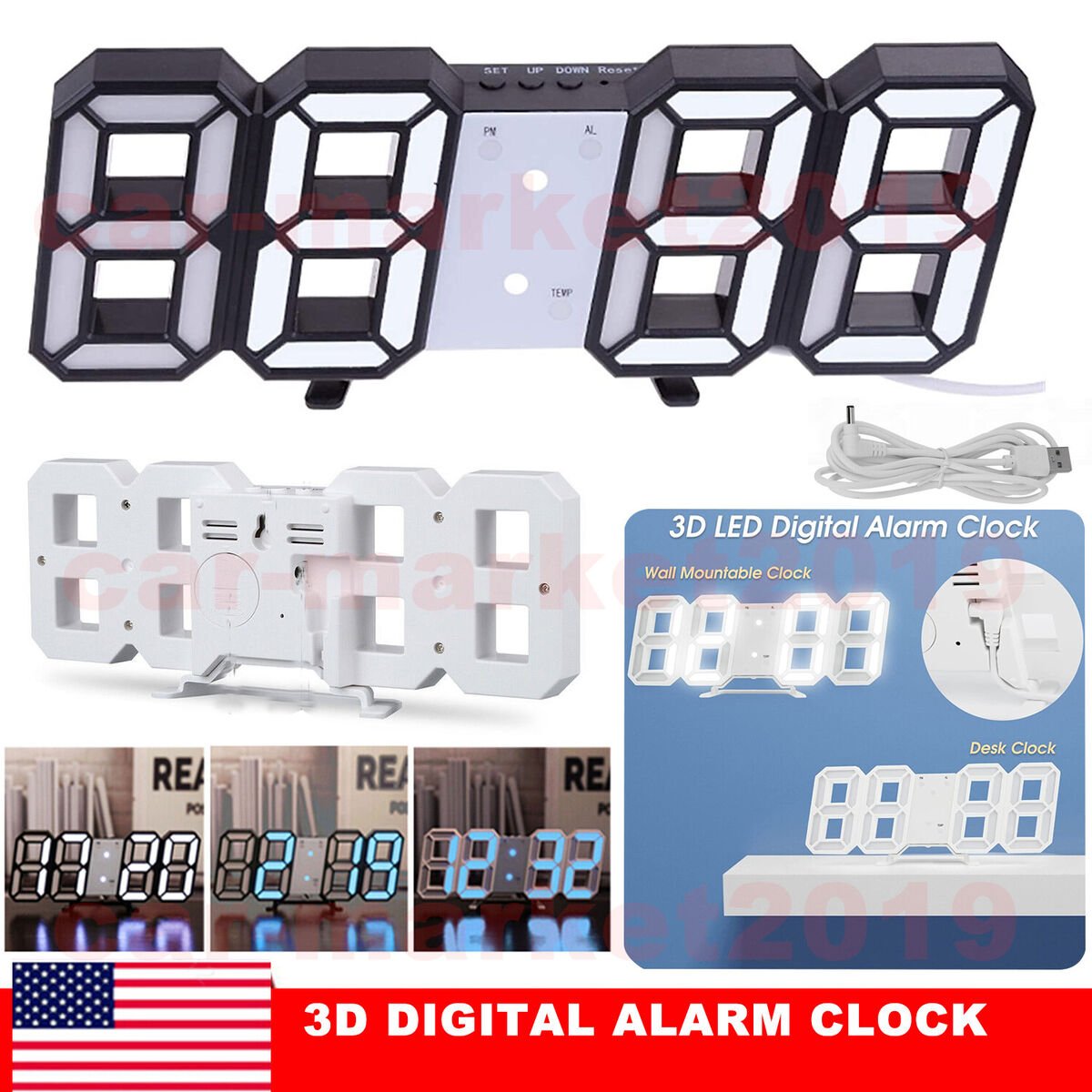 Modern USB 3D LED Digital Desk Alarm Clock for Kitchen Bedroom Office Wall Clock