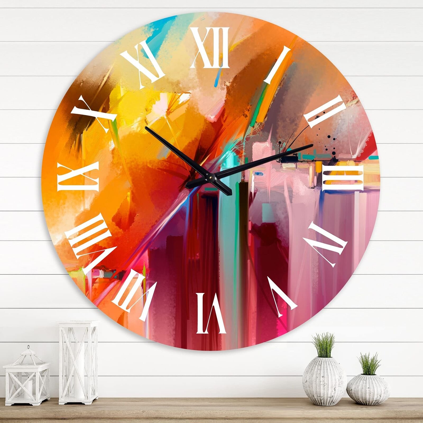 Modern Wall Clock 'Abstract Acrylic Composition in Orange and Red' Large Wall...