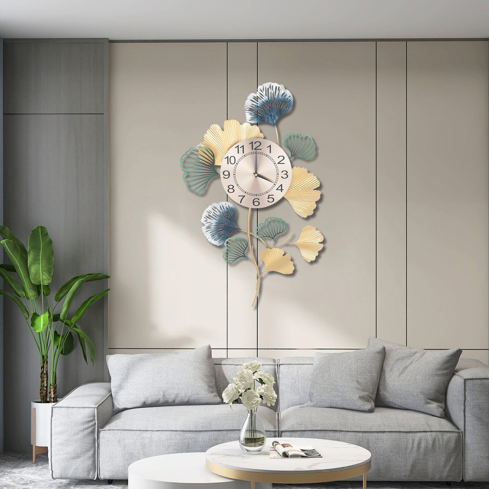 Modern Wall Clock Giant Colorful Quartz Clock Ginkgo Leave Shape Silent Clock