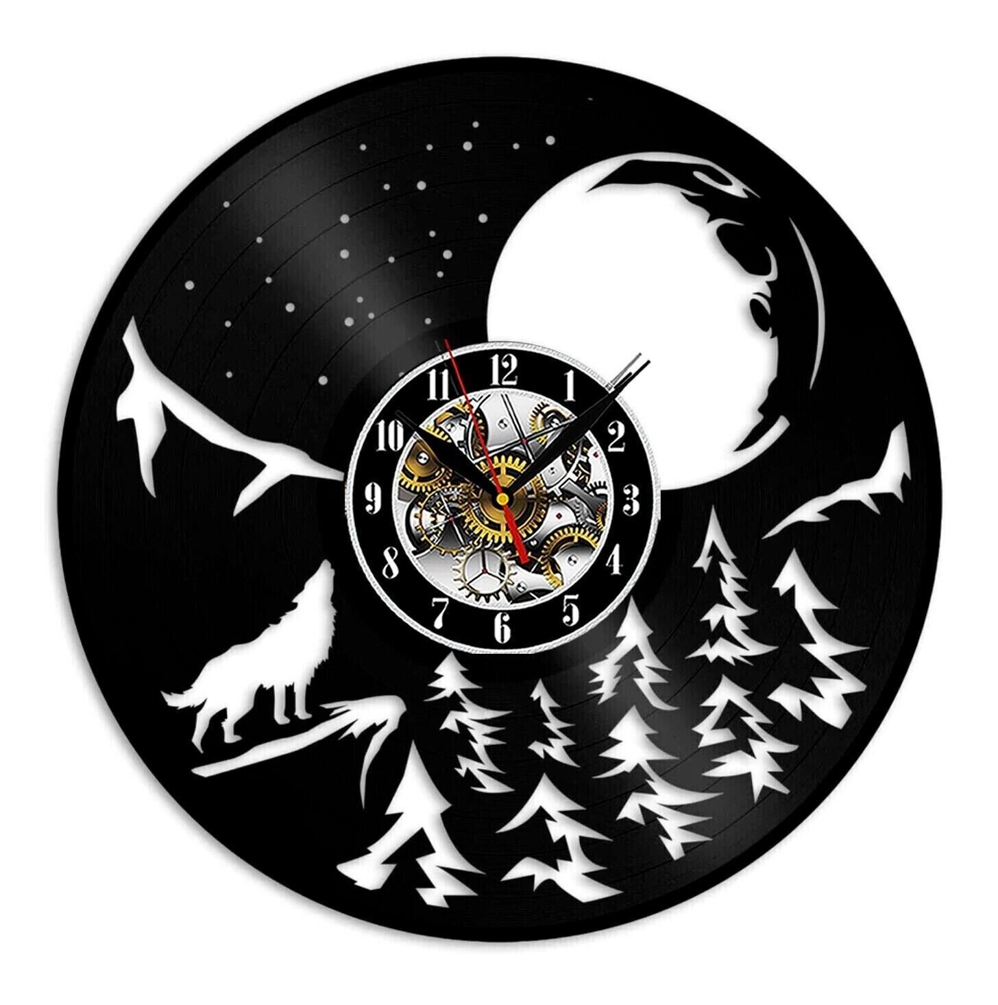 Moon and Wolf Vinyl Wall Clock Home Décor Art Design Best Gift Birthday Holiday
