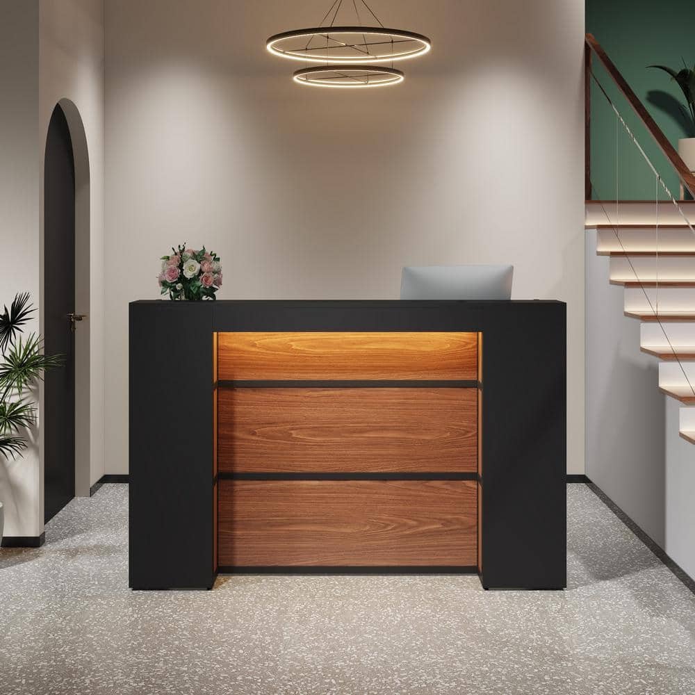 Moronia 63 in. W Rectangular Black & Brown Wood Reception Desk with...