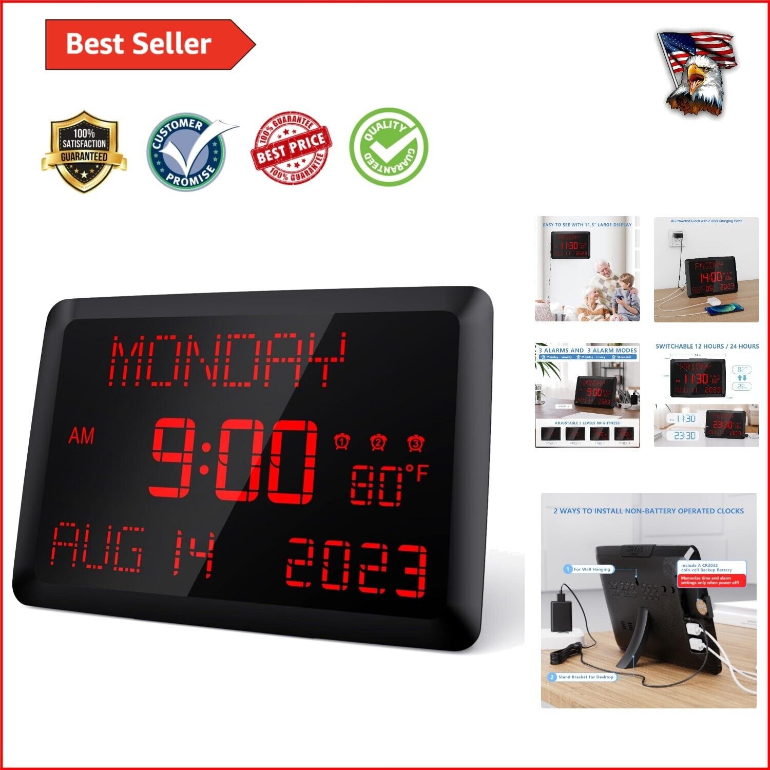 Multi-Function 11.5" Digital Clock - Indoor Temperature, Snooze & 3 Alarms