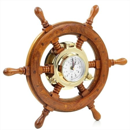 Nagina International Nautical Premium Wide Brass Porthole Ship Wheel Clock | Wall Hanging | Numerals | Vintage Gift (42 Inches)