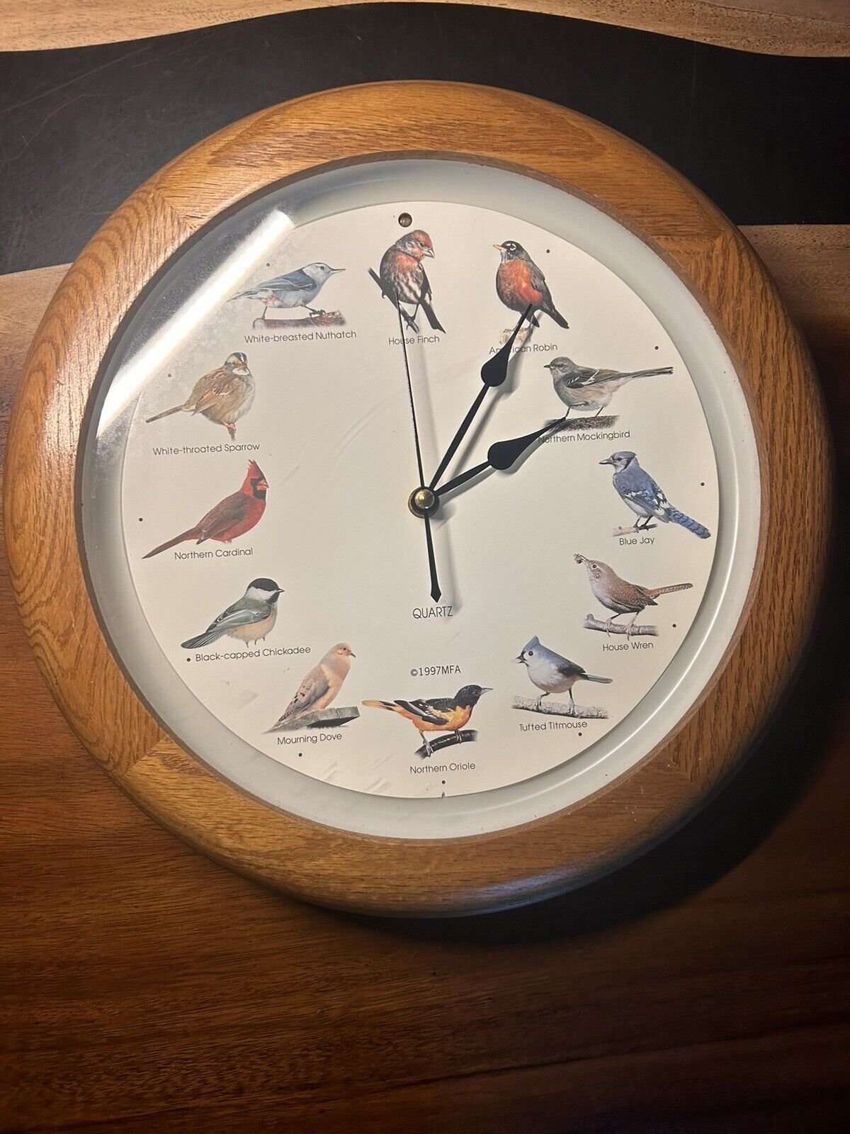 National Audubon Society 13" Singing Bird Wall Clock Natural Wood ~ No Chime