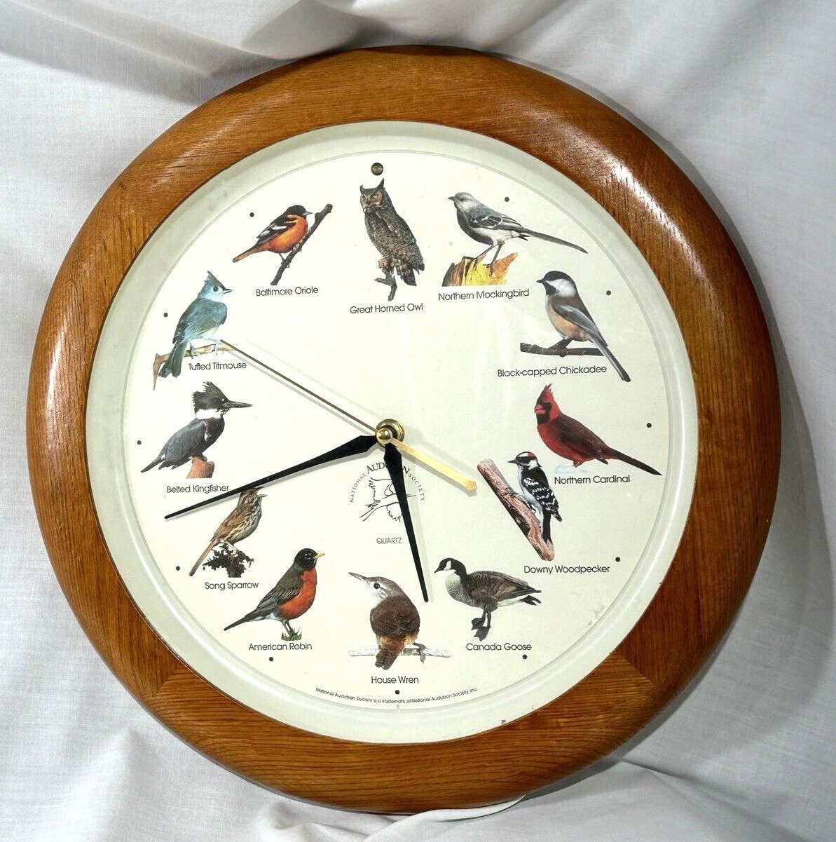 National Audubon Society 13" Singing Bird Wall Clock Natural Wood Tone WORKS