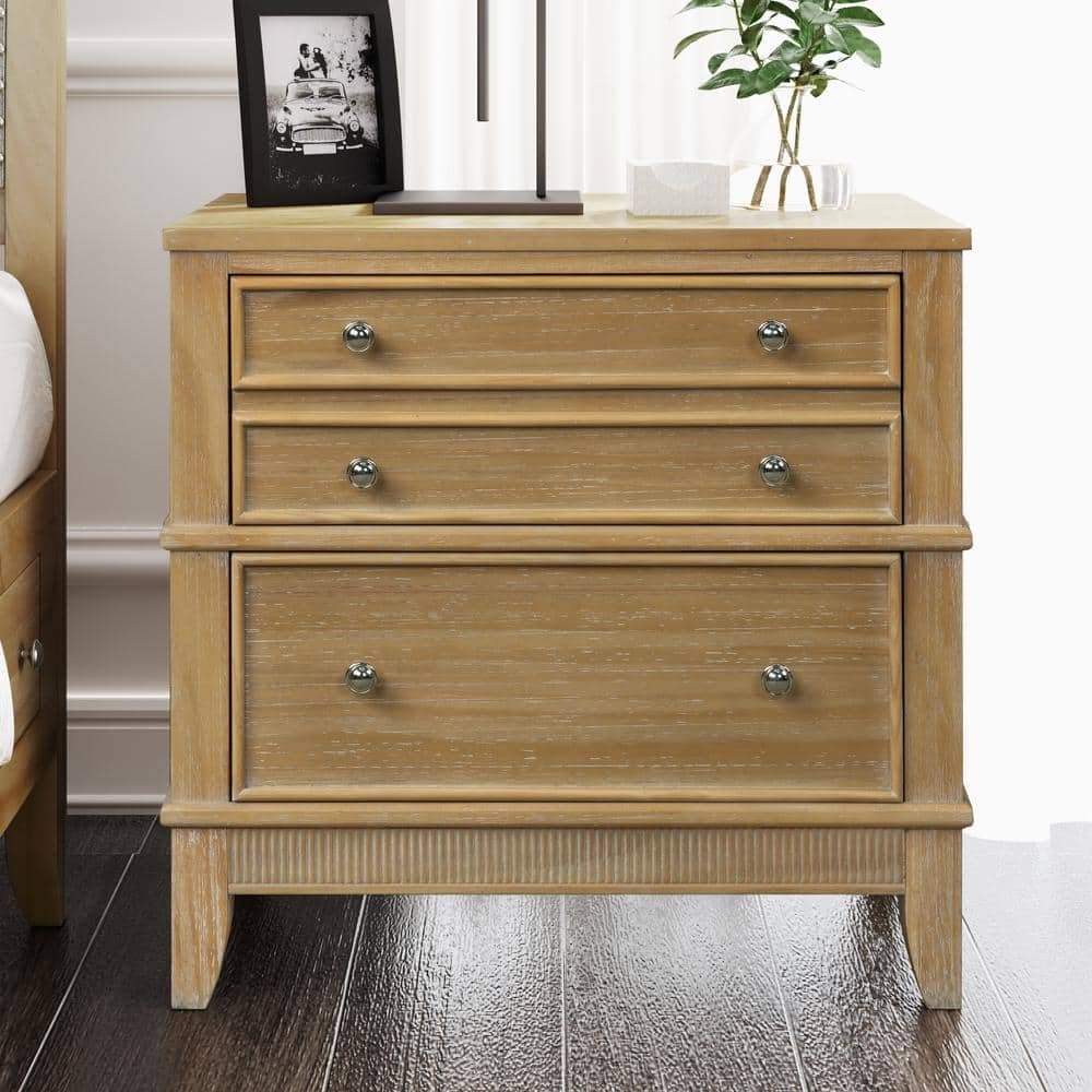 Natural Rustic 3-Drawer 27 in.W Nightstand, Solid Wood Bedside End Table Stand...