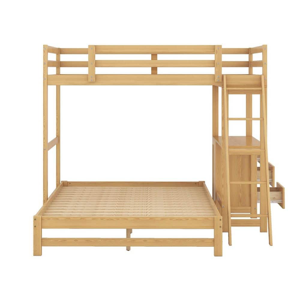 Natural Wood Twin Over Full Bunk Bed with Desk and 3-Drawers Detachable...