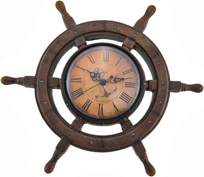 Nautical Hand Crafted Wooden Ship Wheel with Quartz Times Wall Clock - Pirate Nu