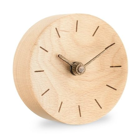 Navaris Small Modern Desk Clock - 4-3/8 Diameter Real Wood Analog Clock for Shelf, Table, Desktop - Silent Tick Battery Operated Clock - Light Brown