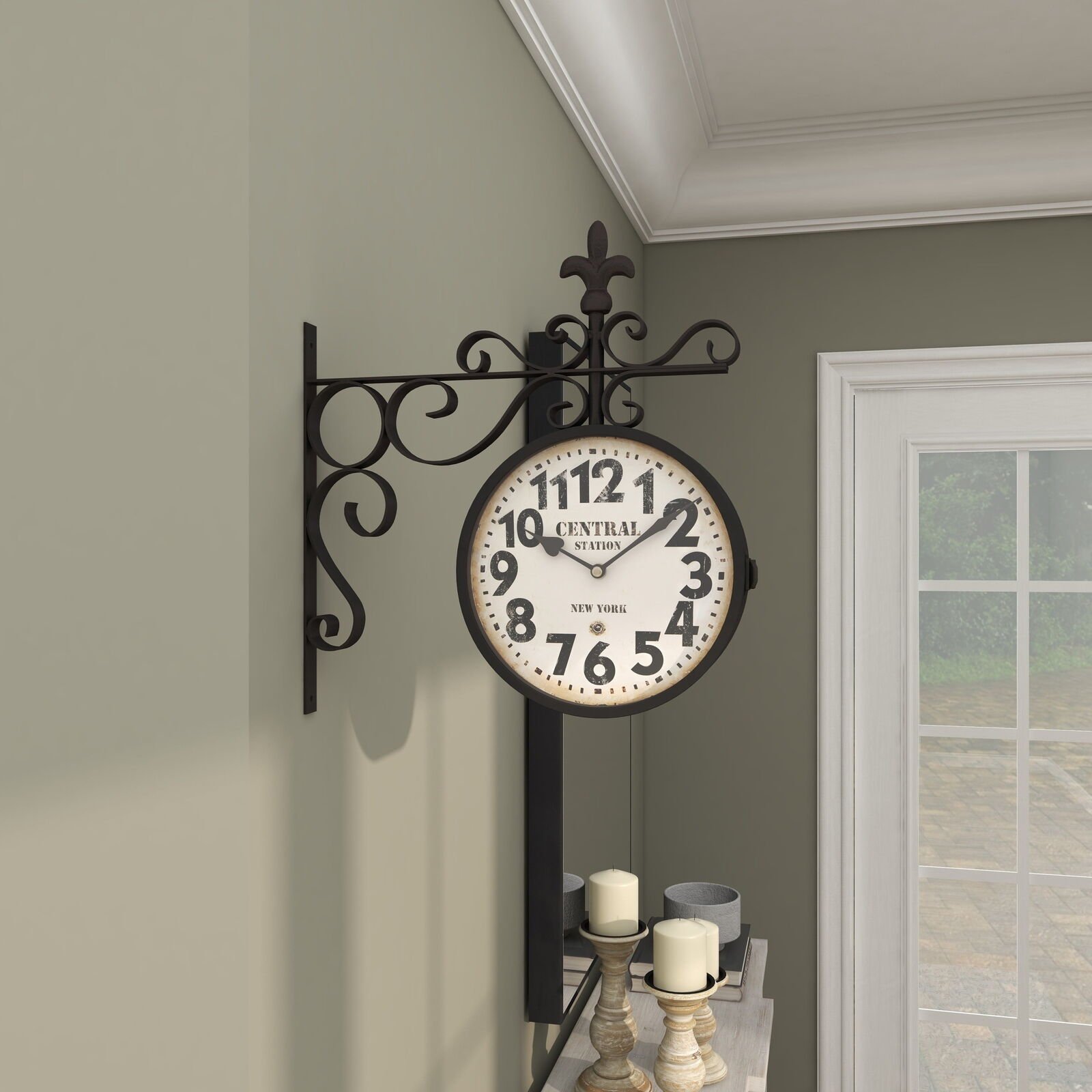 New 15" Black Metal Vintage Style Wall Clock with Scroll Designs