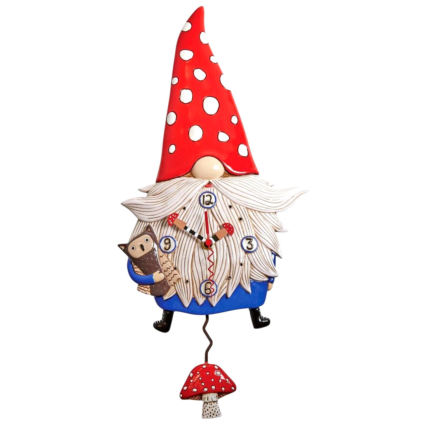 ✿ New ALLEN DESIGNS Wall Clock GARDEN GNOME Owl Mushroom Swing Pendulum Decor