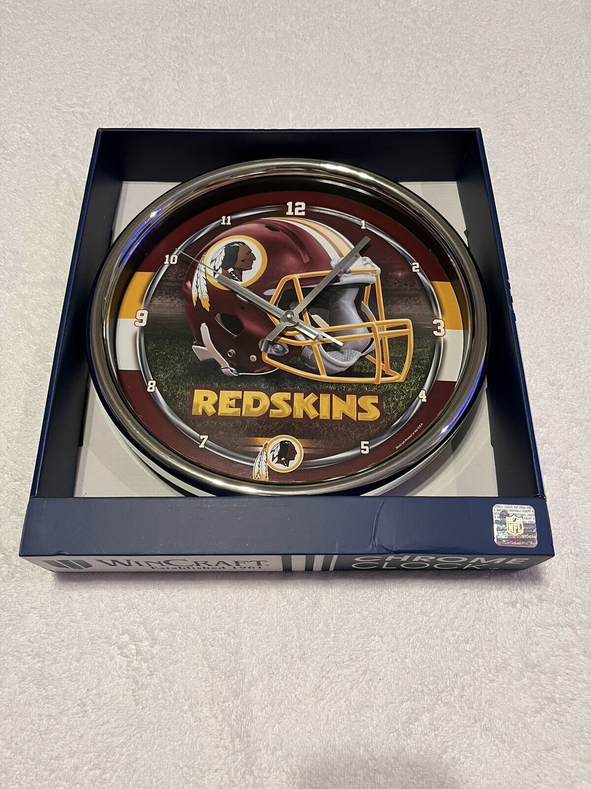 New in Box NFL Washington Redskins 12" Round Chrome Wall Clock Wincraft Vintage
