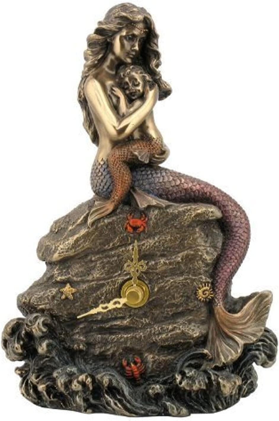 New! Mermaid Mother and Baby On Rock Nautical Beach Figurine Clock 76008