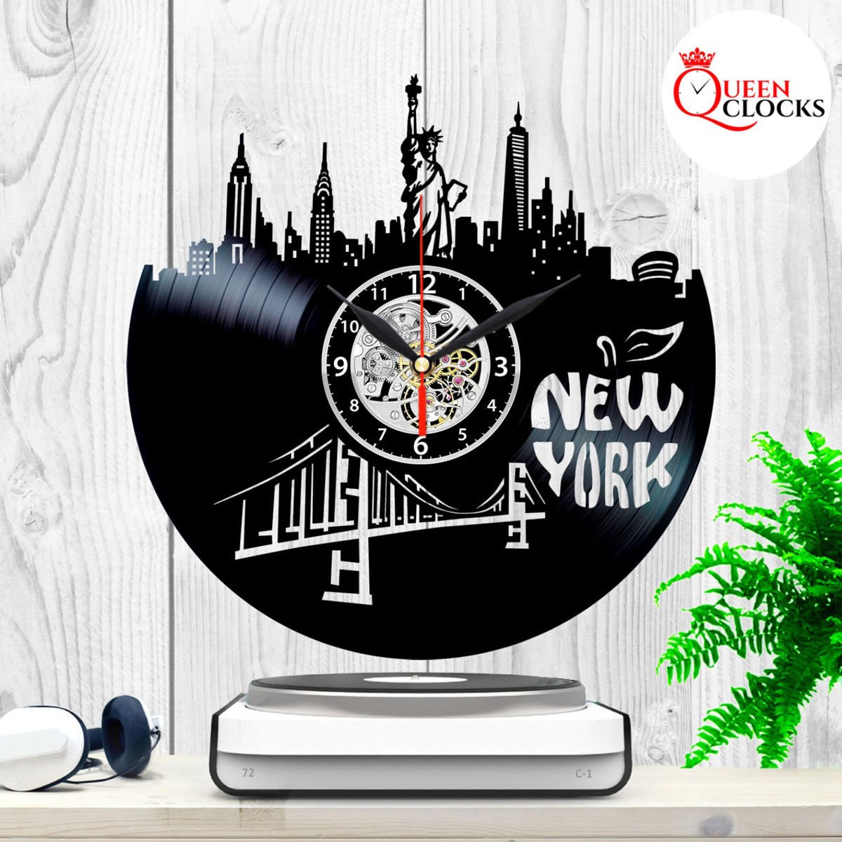 New York Skyline City Buildings Wall Clock Made Of Vinyl Record Gift Art Decor