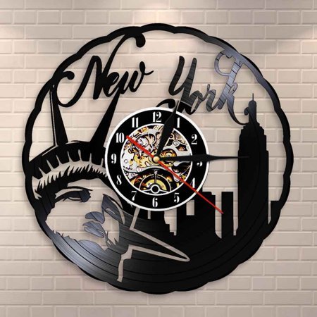 New York Skyline Vintage Vinyl Record Wall Clock NYC Statue of Liberty Freedom Wall Art America Travel Gift Home Interior Design