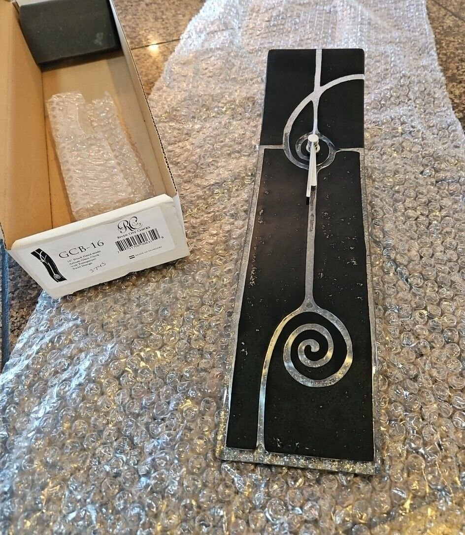 NIB River City Glass Wall Clock 16x4" Black Swirl Design Artisan Hungary NEW