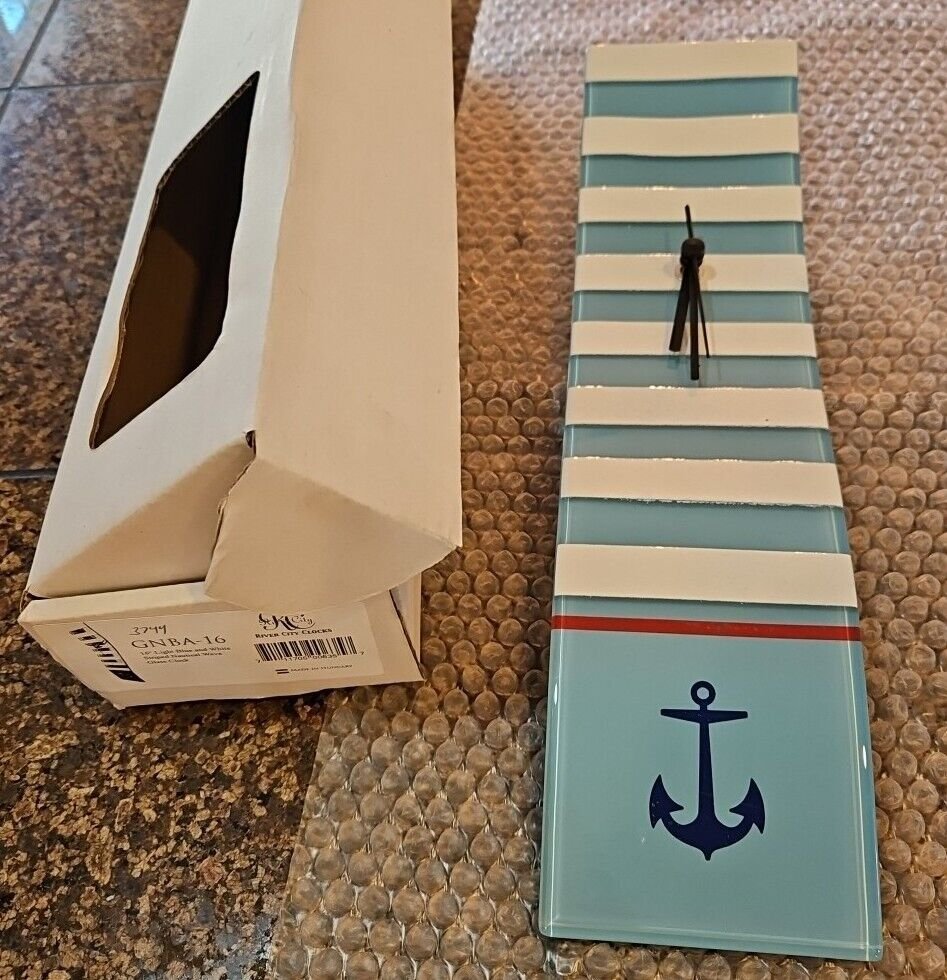 NIB River City Glass Wall Clock 16x4" Blue White Nautical Design Hungary NEW