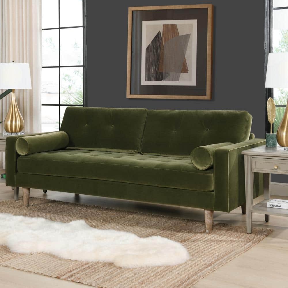 Nicholas 84.5 in. Olive Green Performance Velvet Mid-Century Modern 3-Seat Sofa