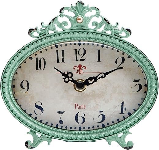 NIKKY HOME Vintage Table Clock, French Turquoise Color Rococo Style Desk Clock Battery Operated Rustic Design, Home Décor for Living Room, Bedroom, Bedside, Desk, Gift Clock - Distressed Green