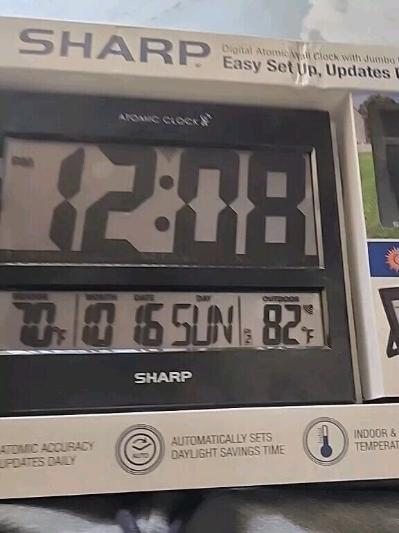 NIP Sharp SPC1107A Black Digital Atomic Wall Clock Jumbo Display Weather Station