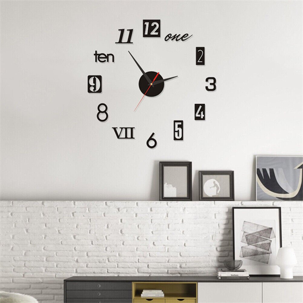 Novelty Stick-on Large Wall Clock 3D DIY Mirror Sticker Surface Home Decor Art
