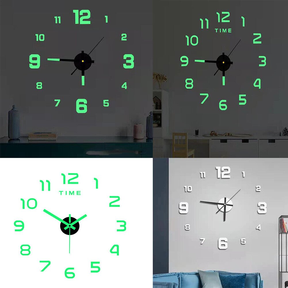Novelty Stick-on Large Wall Clock 3D DIY Mirror Sticker Surface Home Decor Art