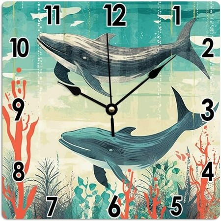 Ocean Animal Watercolor Whale Art Clock Vintage Nautical Coastal Whale Pvc Art Clocks Beach House Summer Wall Clocks Battery Operated Wall Clock For Living Room Bedroom 10X10In