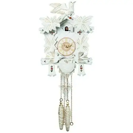 One Day Cuckoo Clock with Carved Maple Leaves & Moving Birds White with Gold Accents
