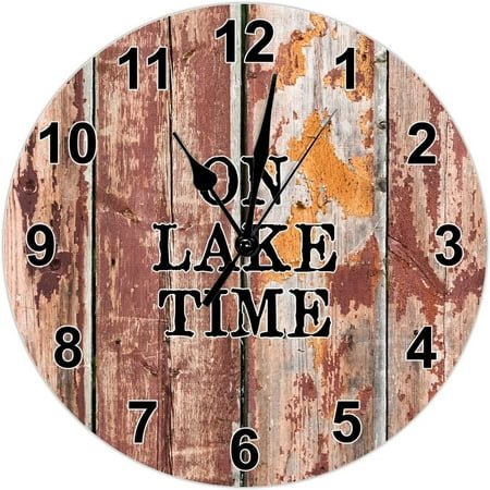 On Lake Time Wall Clock Retirement Clock Tuscan Wooden Plank Large Wall Clocks Battery Operated 12 Inch Silent Non-Ticking Rustic Cabin Wall Home Decor For Home Kitchen Office School Bathroom