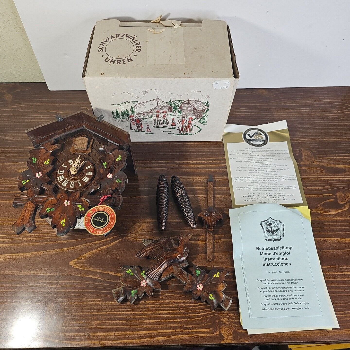 Original German Cuckoo Clock Handpainted Carved-Style 34cm by Anton Schneider