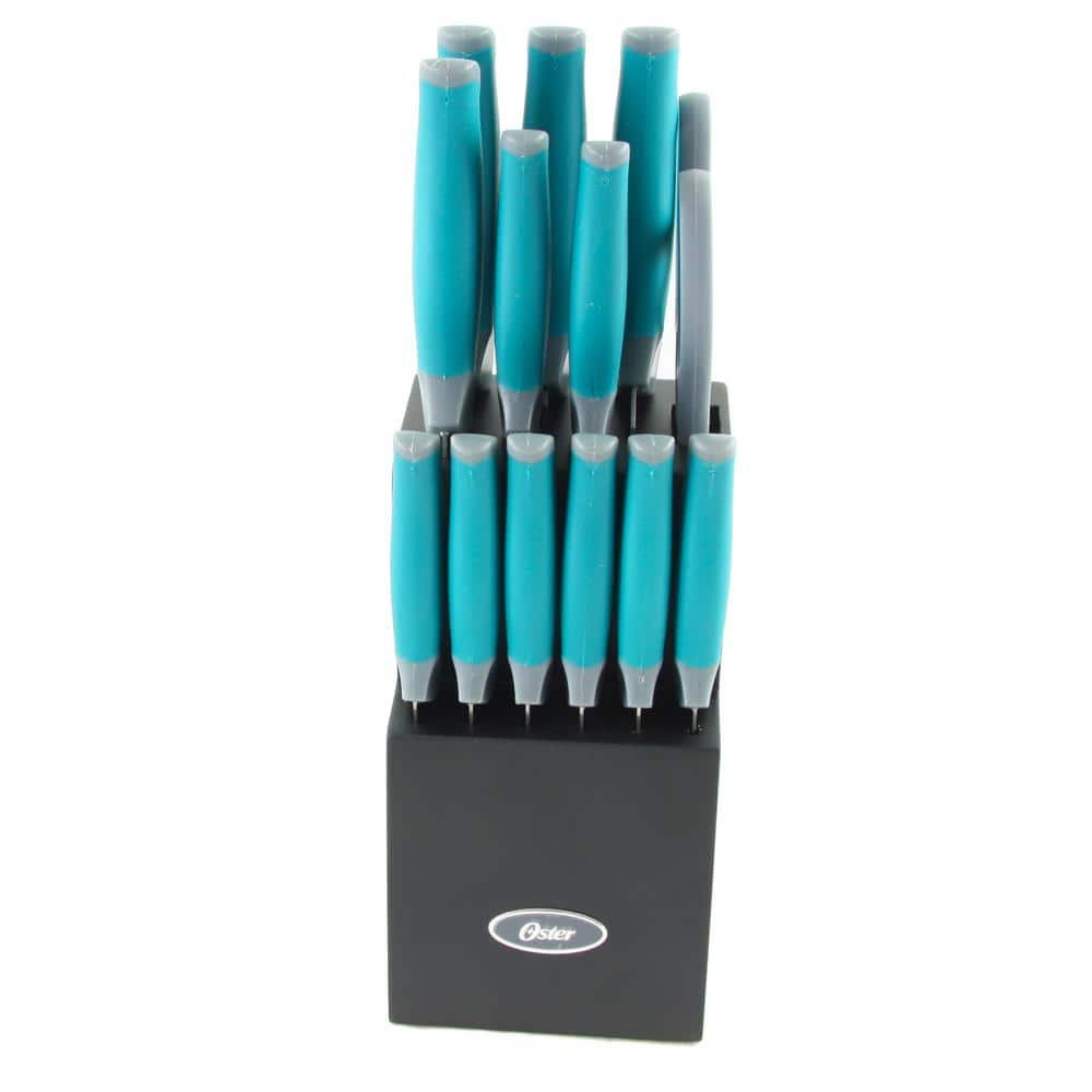 Oster Lindbergh 14-Piece Teal Stainless Steel Knife Set with Wooden Block