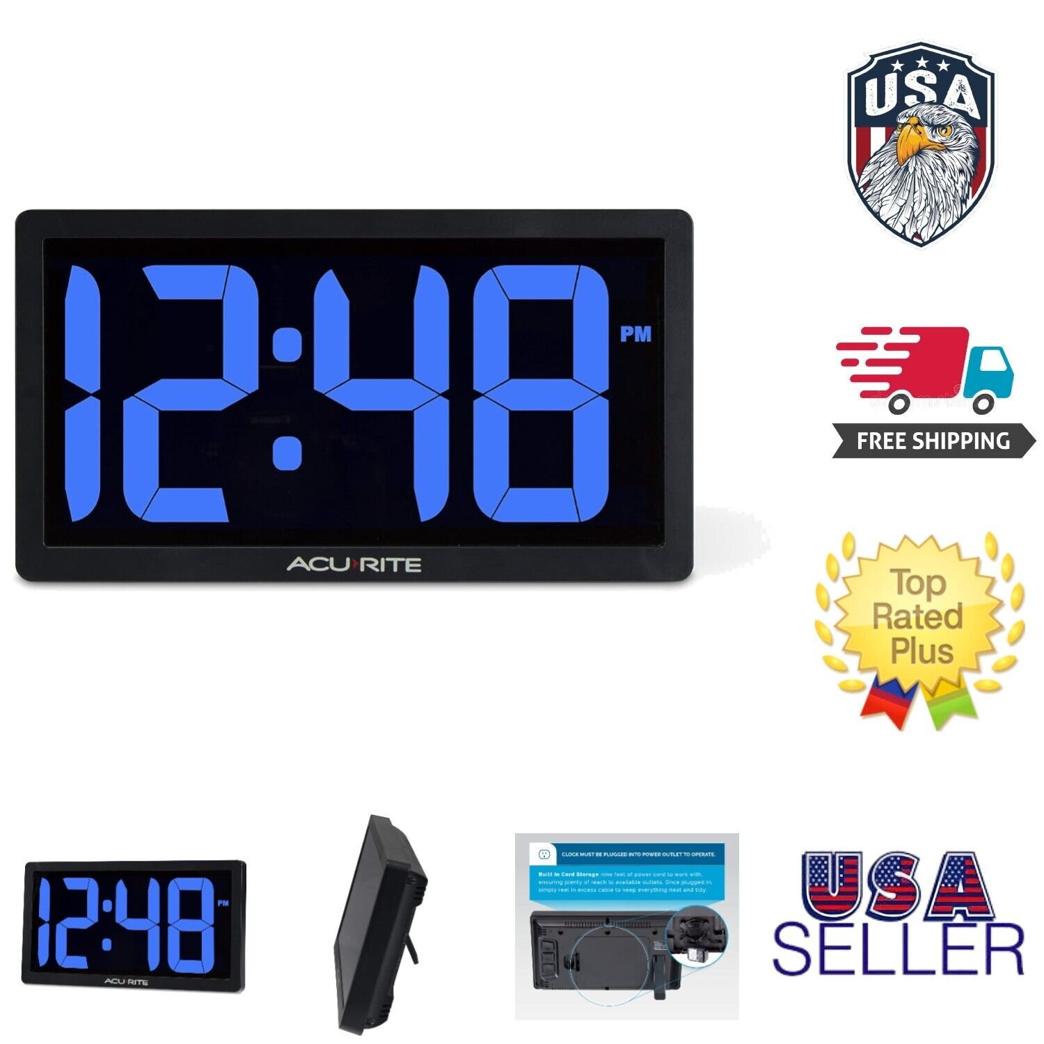 Oversized 10-Inch Blue LED Digital Clock - Wall Mount & Desk Stand Included