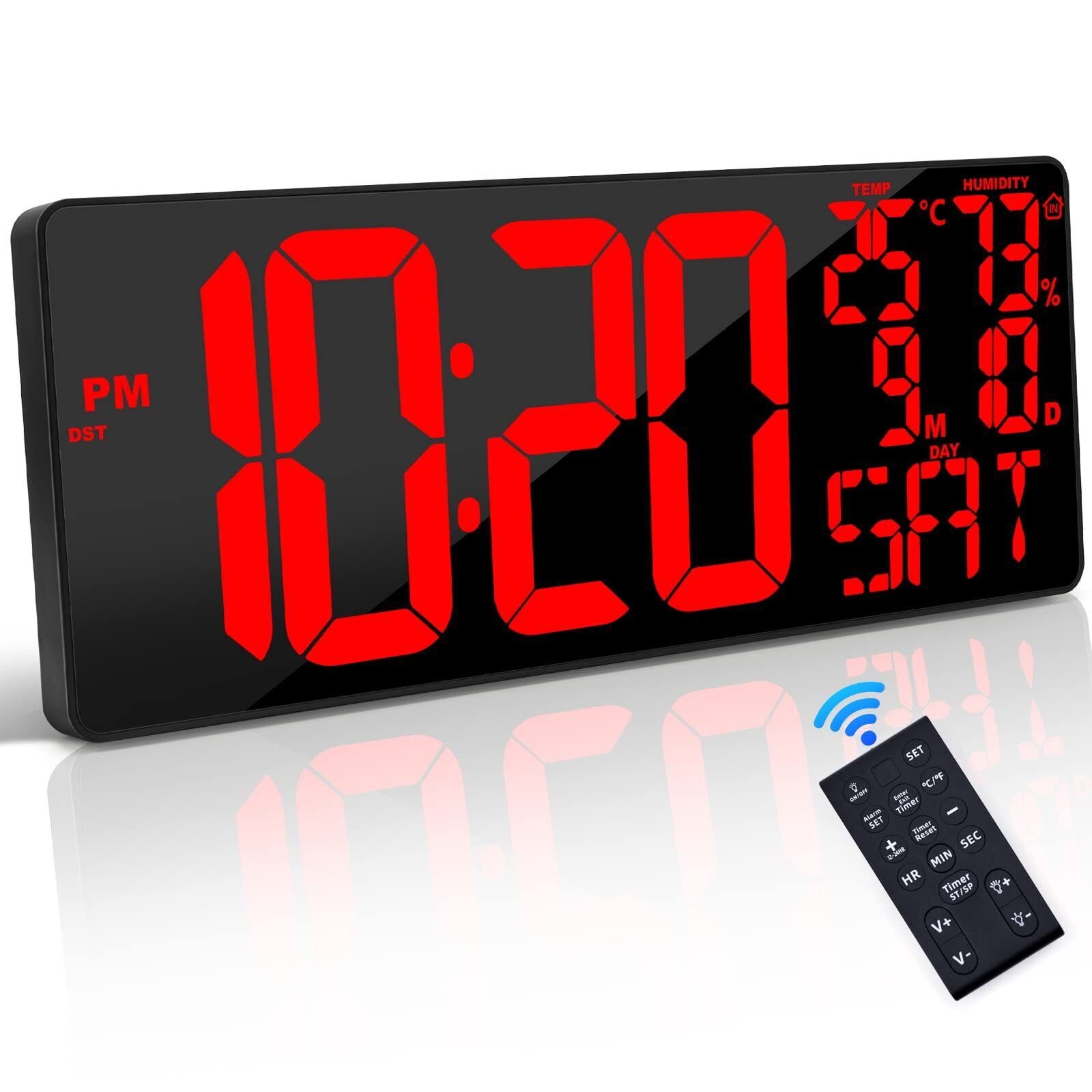 [Oversized] 18" Large Digital Wall Clock with Remote Control, Auto-Dimming Di...