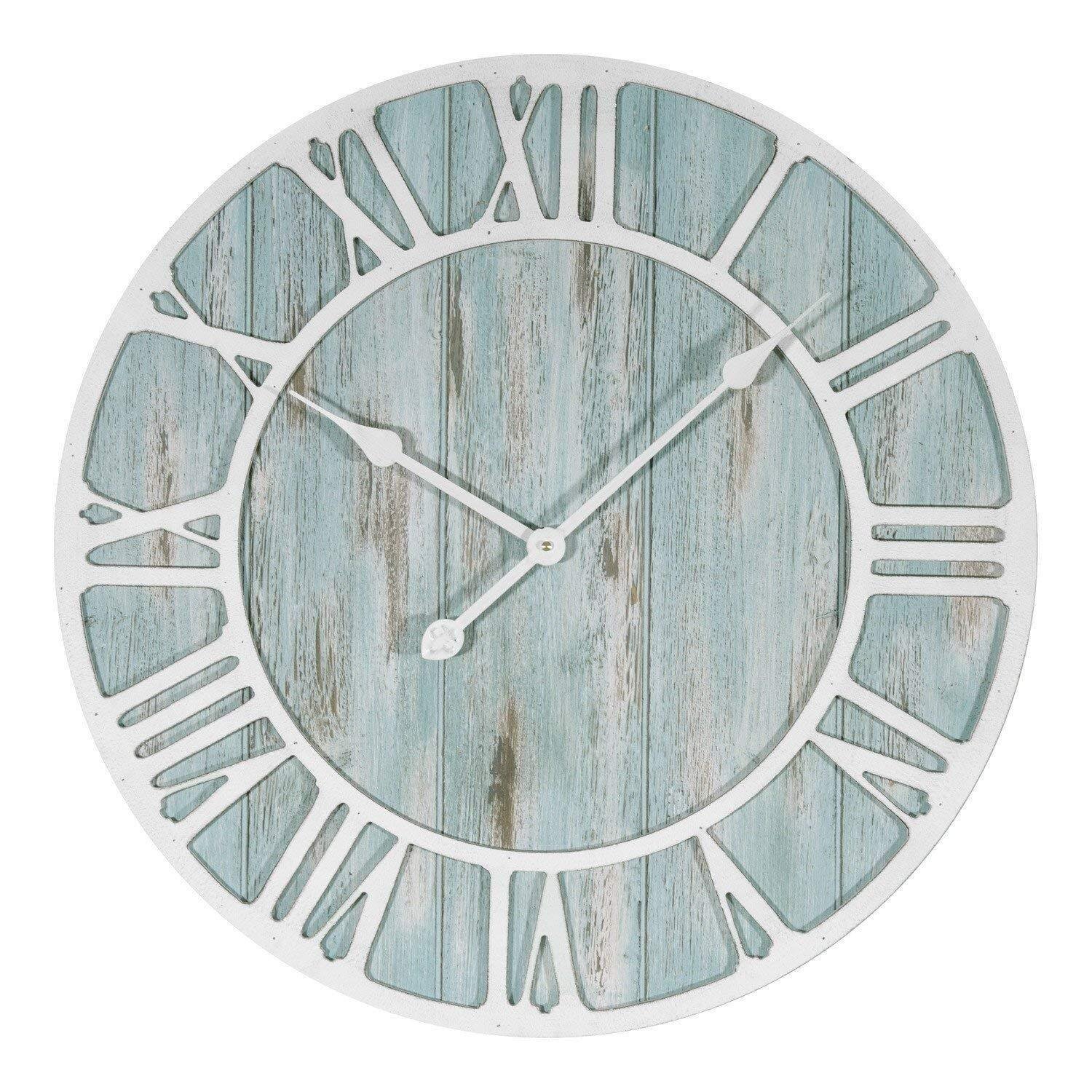Oversized Coastal Wall Clock Aqua Blue Distressed Wood White Roman Numerals