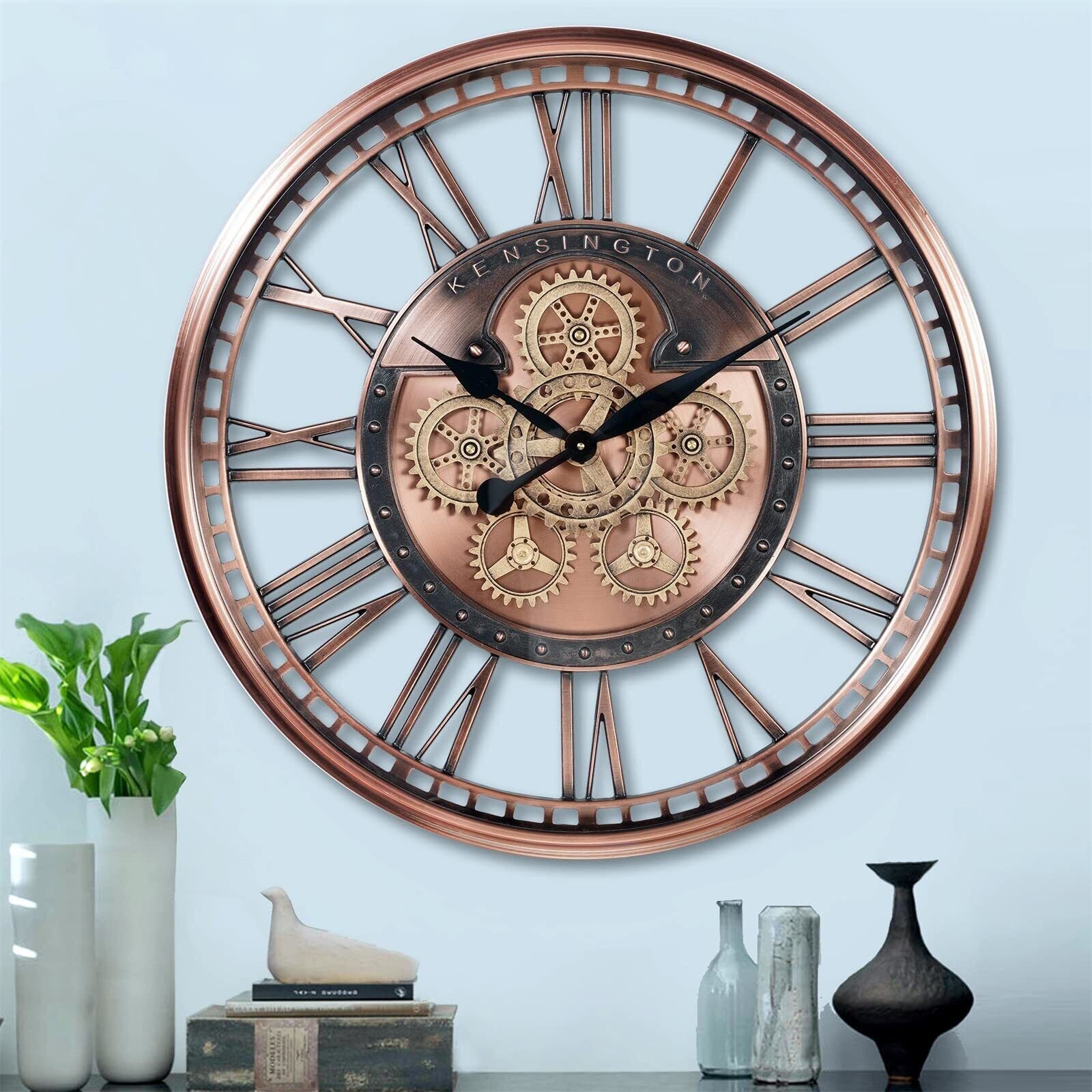 Oversized Large Moving Gears Wall Clock,Industrial Vintage Rose Gold Silent W...