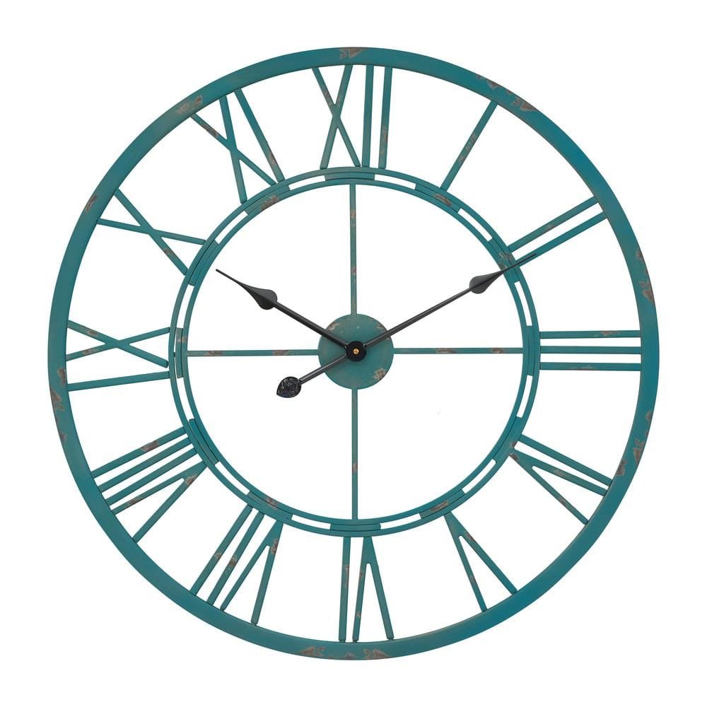 Oversized Roman 27 in. Dia Distressed Sea Green Round Wall Clock