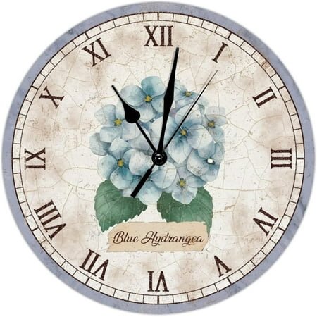 Paris Vintage Watercolor Blue Hydrangea Wall Clock Flower Market Round Decorative Clocks Battery Operated 12 Inch Non-Ticking Shabby Chic Wall Decor Home Decor For Home Kitchen Office School Bathroom