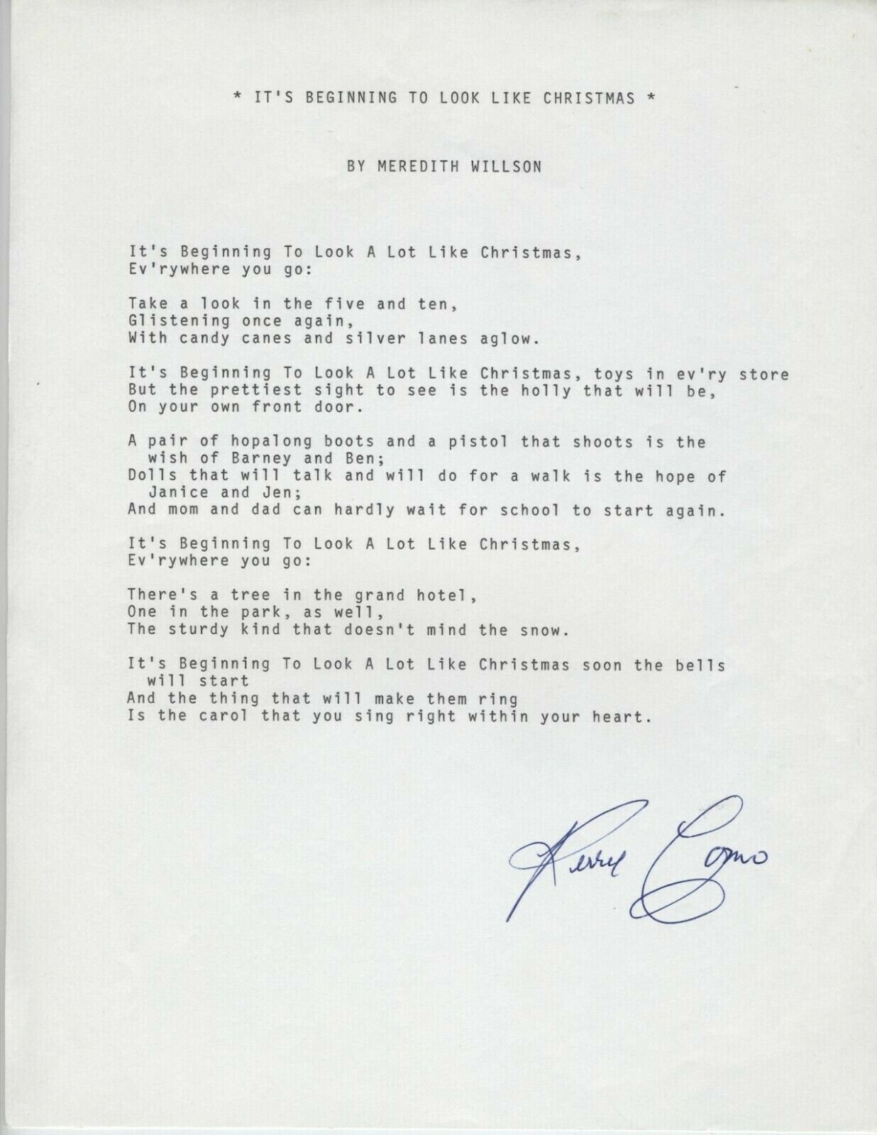 PERRY COMO SINGER TYPED QUOTE SIGNED BRGINNING LOOK LIKE CHRISTMAS ORIGINAL