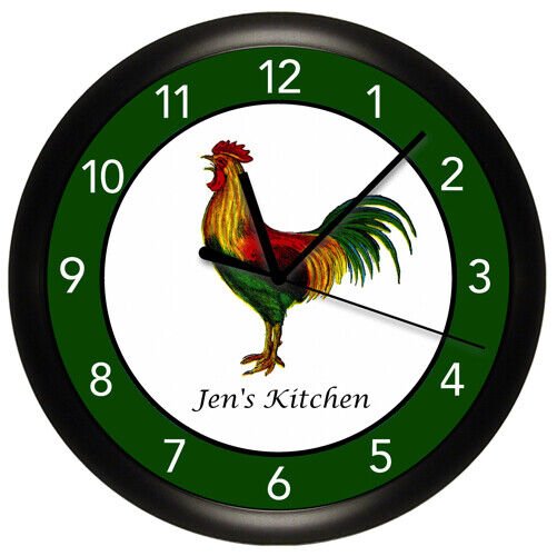 Personalized Clock - Rooster, Green Border, Kitchen, Farm Animal