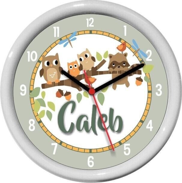 Personalized Woodland Tails Wall Clock Owls Racoons Nursery Child Decor 0724