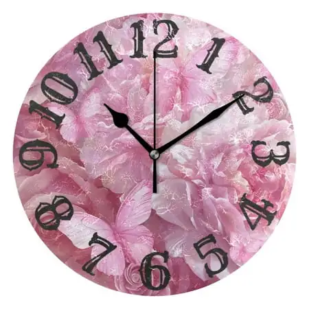 Pink Butterflies Flowers 10 inch Wall Clocks Non Ticking Easy to Read Battery Decorative for Home