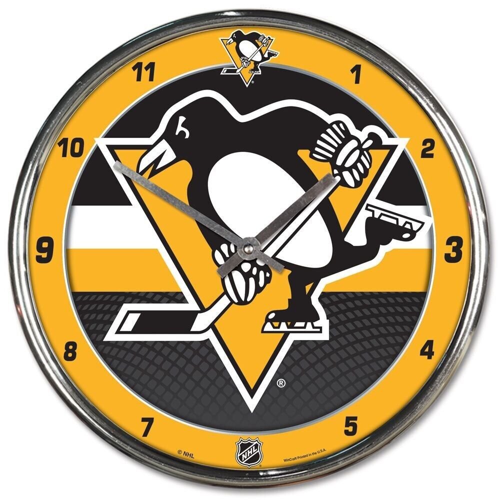 PITTSBURGH PENGUINS 12" CHROME ROUND WALL CLOCK NEW WINCRAFT