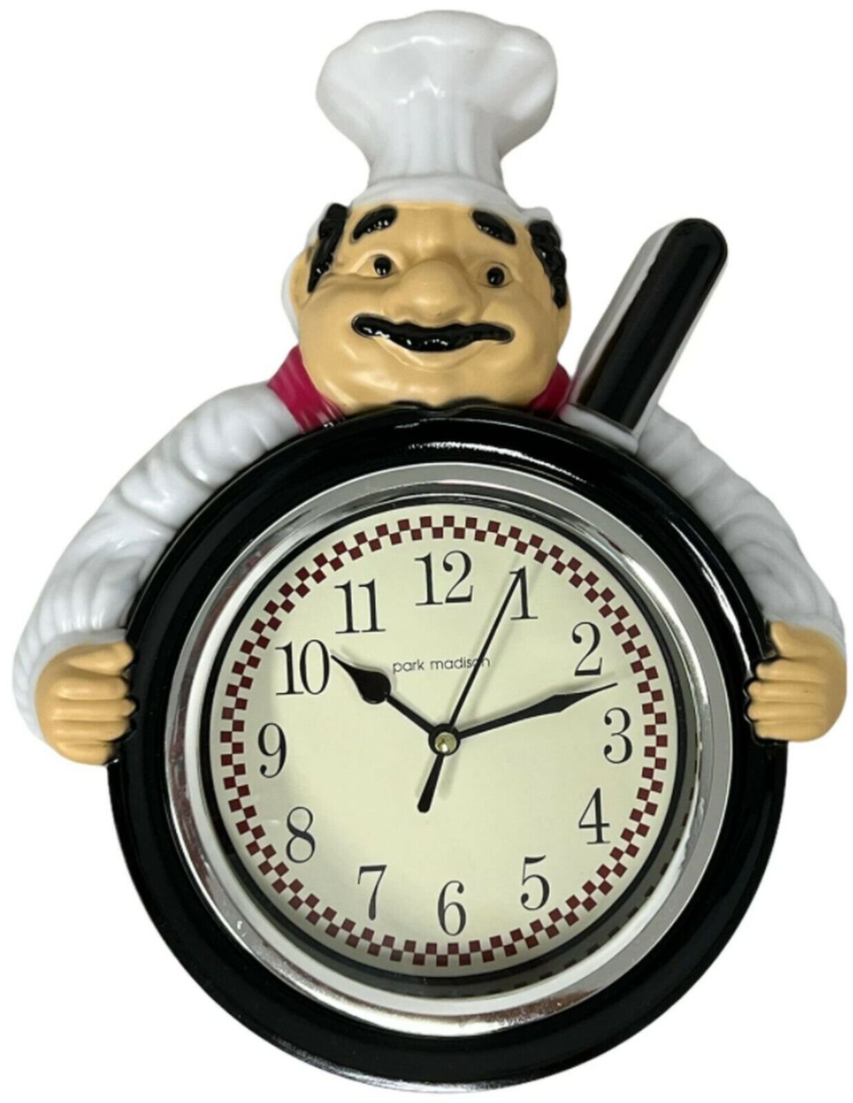 Plastic Kitchen Wall Clock, 11", FAT CHEF WITH FRYING PAN, black, Park Madison