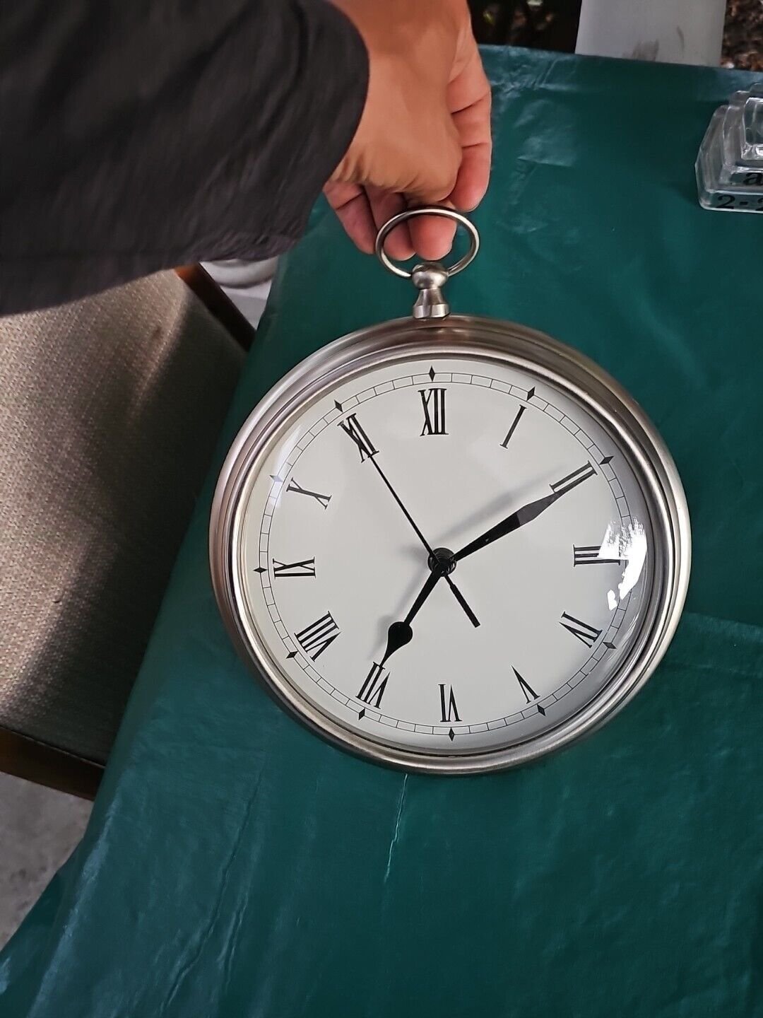 Pottery Barn Pocket Watch Wall Clock Heavy Brushed Silver Pewter Metal 9" Round