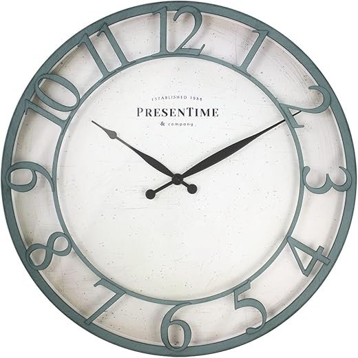 Presentime & Co 21" Farmhouse Series Wall Clock,Vintage Style, Retro Clock, Raised 3D Arabic Numeral, Aged Teal Finish. Wall Décor for living room and entryway.