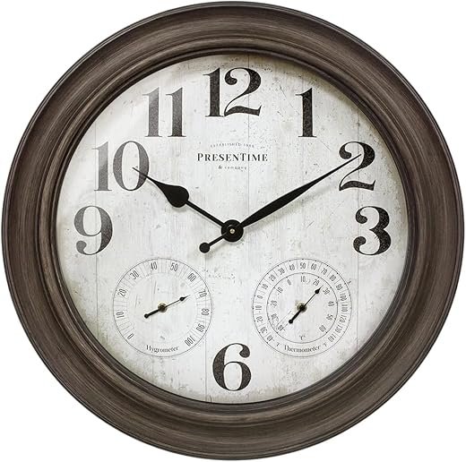 Presentime & Co. 26 Clifton in/Outdoor Farmhouse Clock with Thermometer & Hygrometer as All in One Weather Station, Farmhouse Wall Art and Timepiece for Home Decoration, Grey Oak Finish