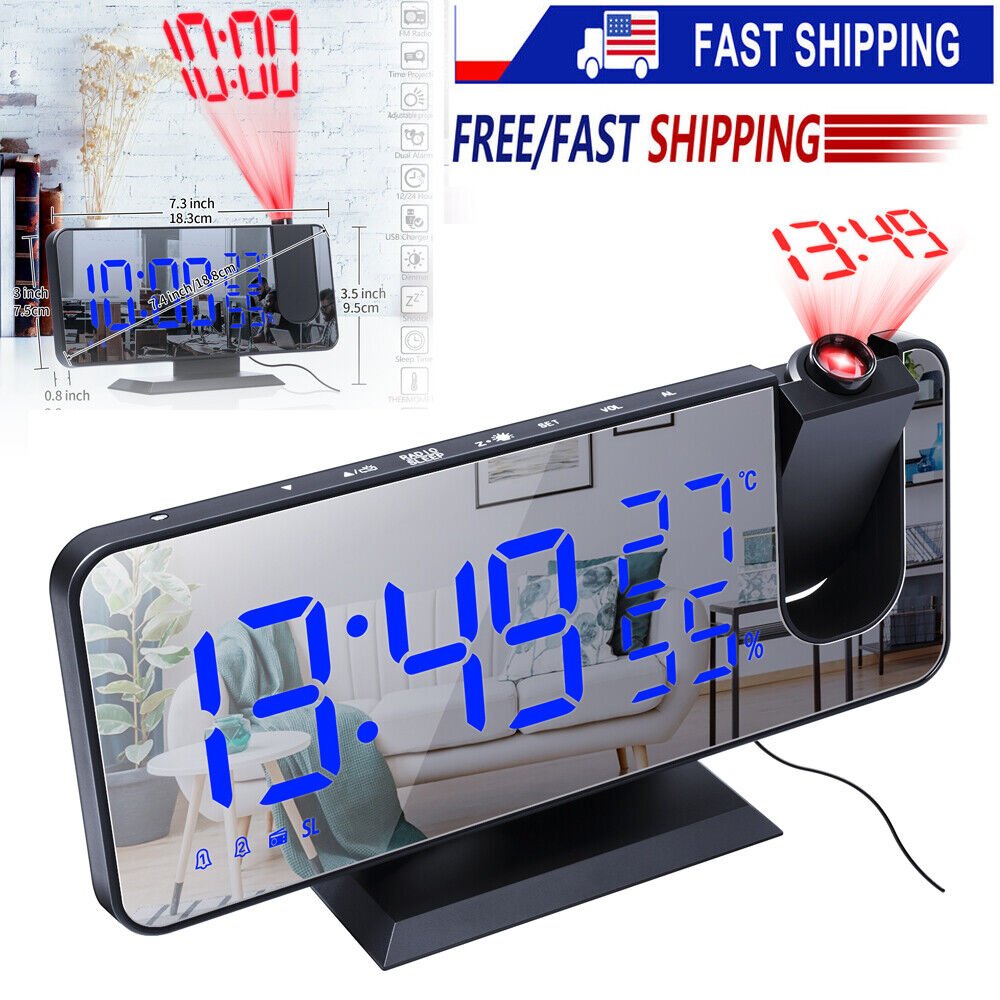 Projection Alarm Clock 7.4" LED Digital Projector FM Radio Timer Snooze USB