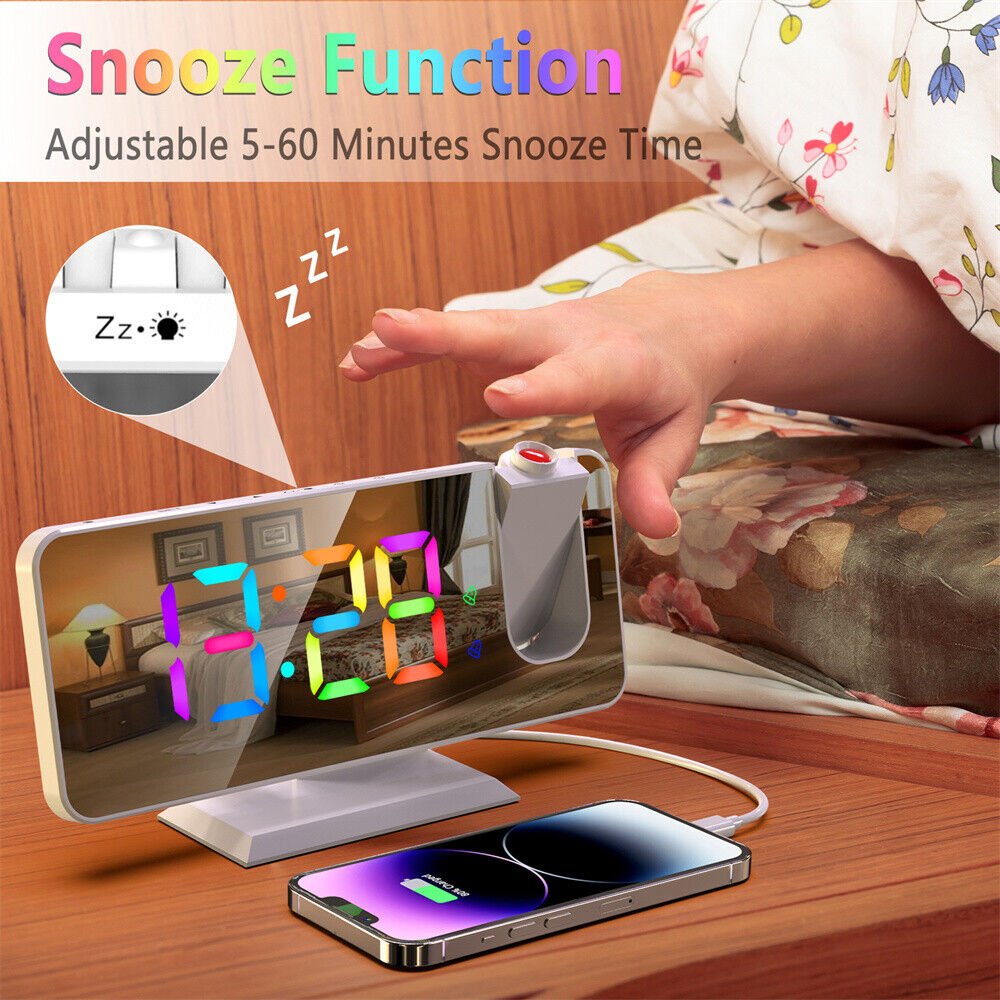 Projection Alarm Clock Color Changing LED Digital Large Screen Mirrored